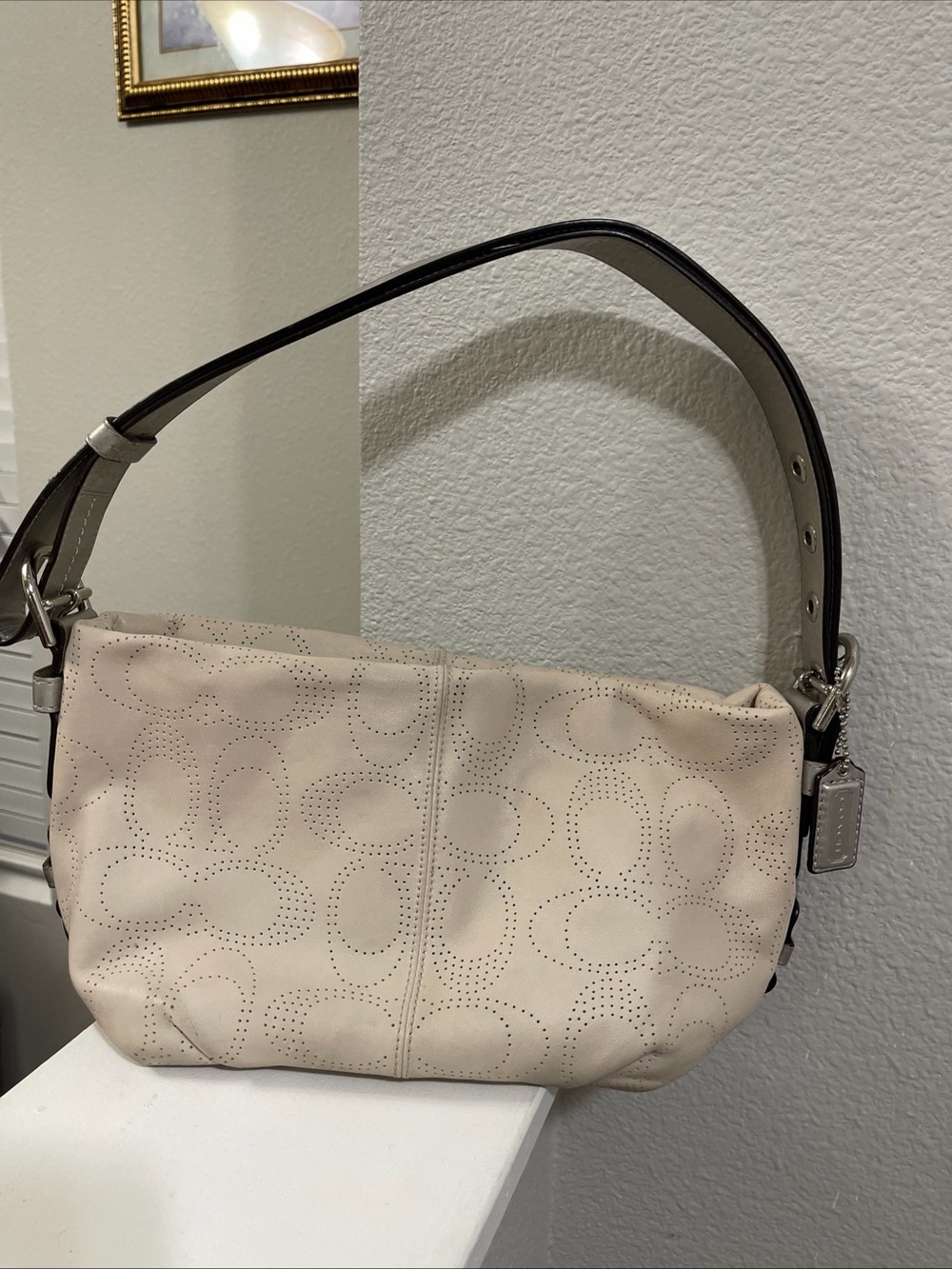 Vintage Coach Beige Perforated Signature Shoulder Bag small
